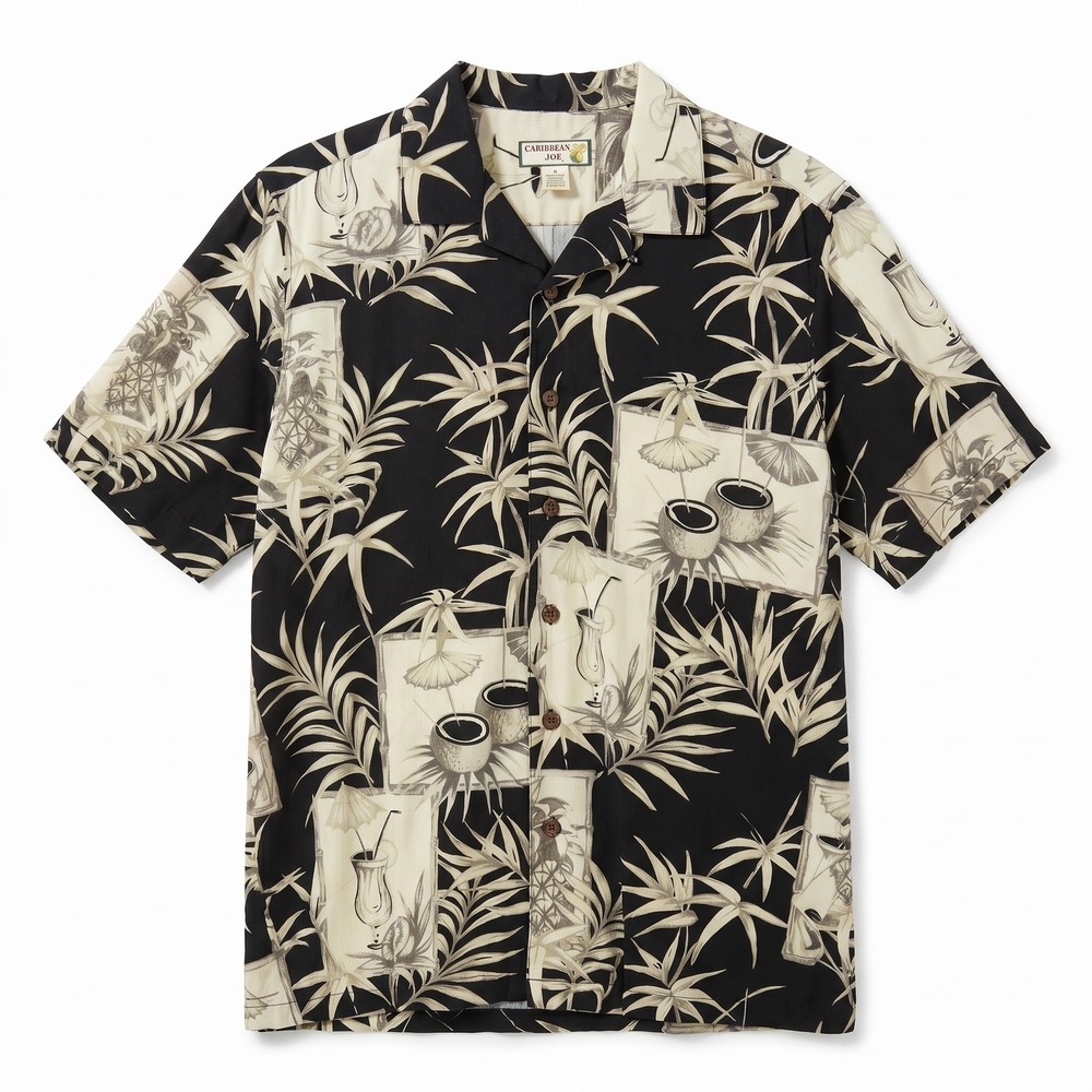 Caribbean Joe Mens Medium Black Tropical Cocktail Pineapple Rayon Hawaiian Shirt